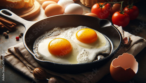 chicken eggs, fried eggs in a cast iron pan close-up, breakfast, omelet, two eggs with yellow yolks are fried on the stove photo