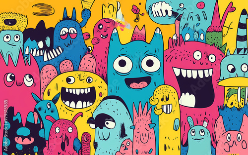 Brightly colored cartoon monsters with quirky features and playful expressions, vibrant whimsical creatures with wide eyes, toothy grins, and horns in fun, lighthearted illustrations photo