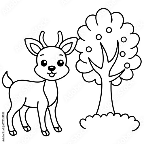 deer a tree and the garden line art 