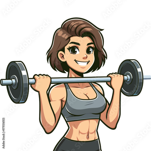 Vector illustration of a fit woman lifting a barbell, showcasing strength, fitness, and a healthy lifestyle.