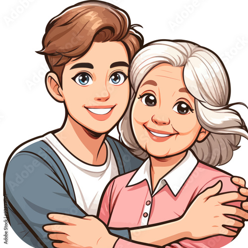 Heartwarming vector illustration of a grandson hugging his grandmother, expressing love, family bond, and care.