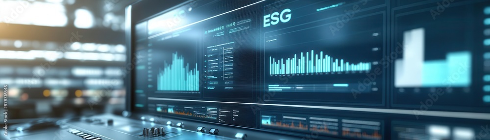 Digital dashboard showcasing ESG risk data in a high-tech control room, environmental data analysis, ESG risk management, green finance innovation Digital dashboard showcasing ESG risk data in a high-tech control room, environmental data analysis, ESG risk management, green finance innovation