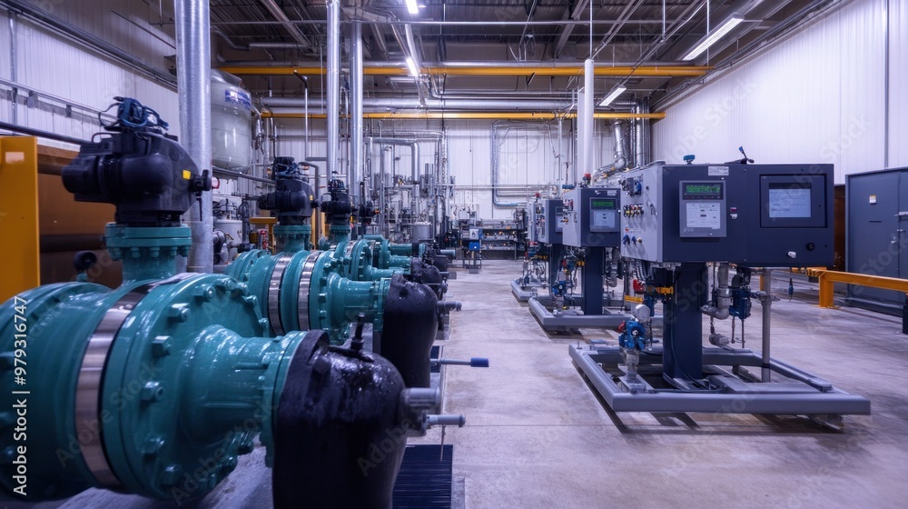 A high-pressure pump system installed in a water treatment plant A high-pressure pump system installed in a water treatment plant