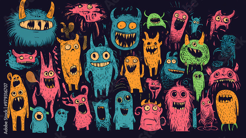 Brightly colored cartoon monsters with quirky features and playful expressions, vibrant whimsical creatures with wide eyes, toothy grins, and horns in fun, lighthearted illustrations photo