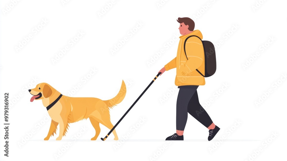 Blind individual using a cane alongside a guide dog in a flat design on a white background Emphasizing an active lifestyle and the supportive role of a pet for visually impaired individuals