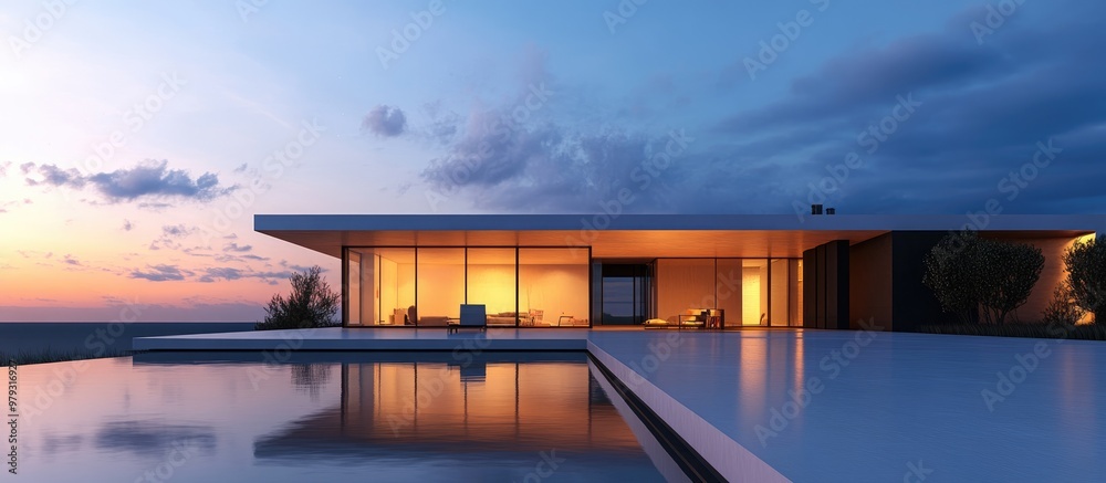 3D rendering of a contemporary house featuring a flat roof illuminated in the evening showcasing innovative architectural design 3D rendering of a contemporary house featuring a flat roof illuminated in the evening showcasing innovative architectural design