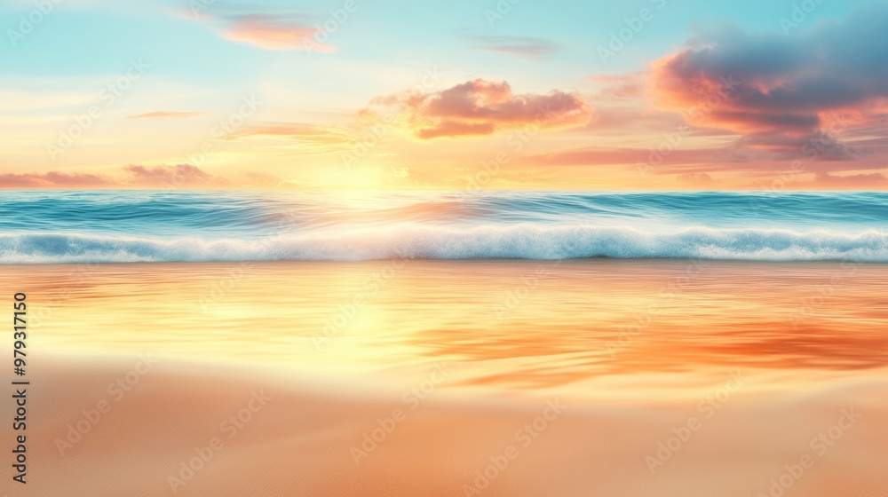 Fototapeta premium A beach with a sunset in the background and waves, AI