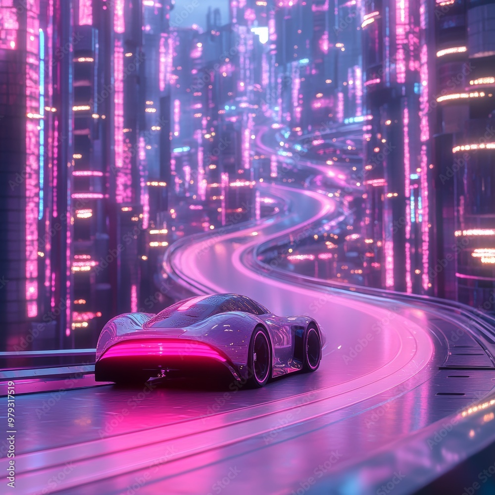 Fototapeta premium Futuristic Cityscape with Neon Lights and Glowing Portal