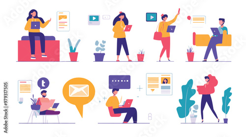 Live support concept and customer care icon set for contacting business services. Flat vector illustration
