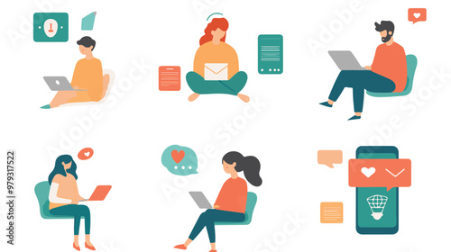 Live support concept and customer care icon set for contacting business services. Flat vector illustration
