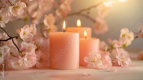 Scented Candles with Delicate Flowers in Soft Peach and Cream Tones - AI generated illustration