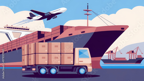 illustration of a logistics scene featuring a large ship with stacked containers in the background. An airplane flies in the sky, leaving a smoke trail. On the ground, a truck loaded with large boxes photo