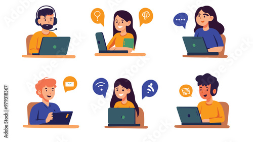 Live support concept and customer care icon set for contacting business services. Flat vector illustration
