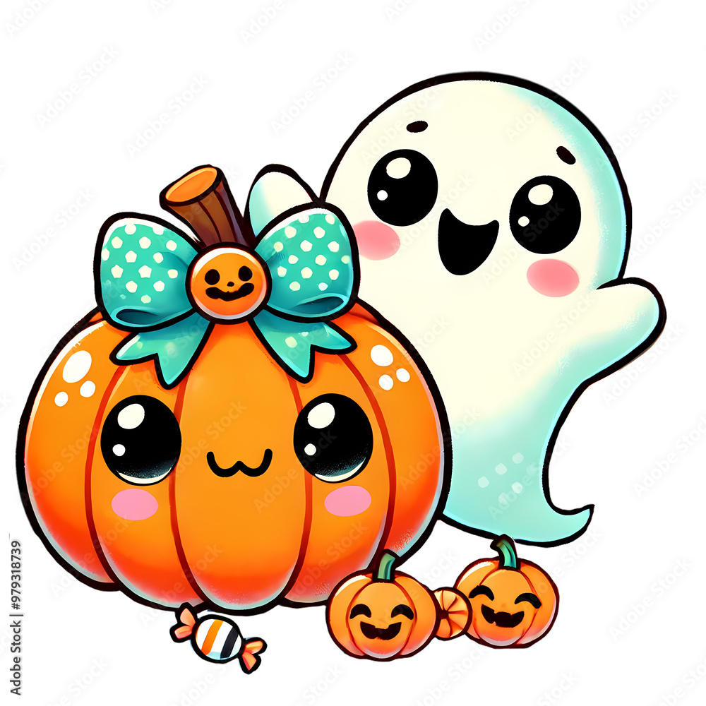 Fototapeta premium A cute ghost and a scary pumpkin with a bright bow light up this Halloween children's illustration. It's playful and charming, ideal for holiday themes. Great for creative content!