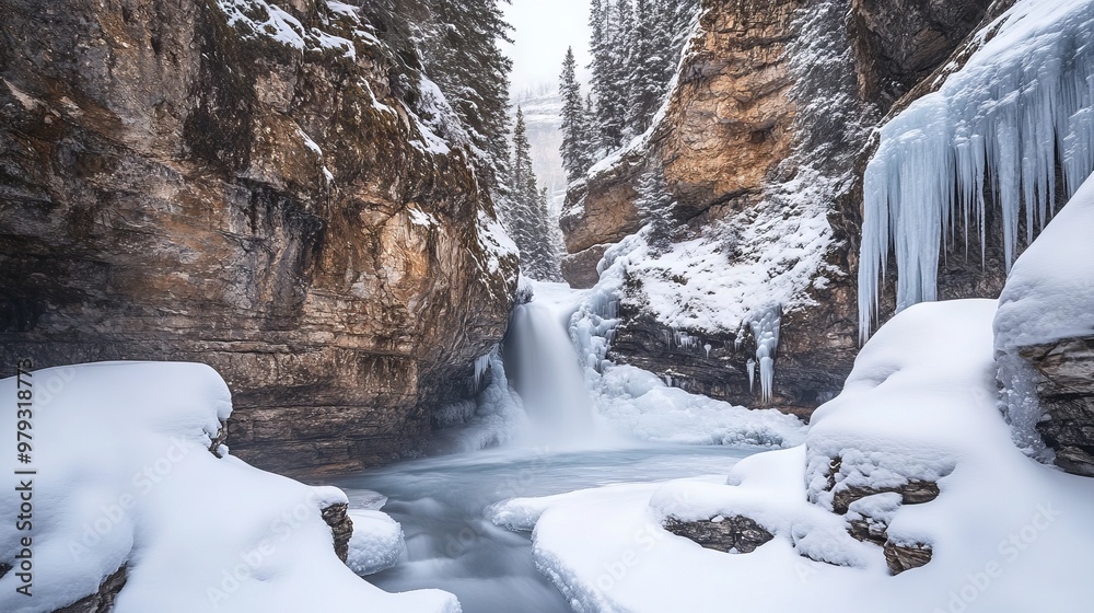 Winter Waterfall in Rocky Canyon with Ice Formations - AI generated illustration Winter Waterfall in Rocky Canyon with Ice Formations - AI generated illustration