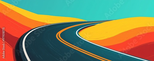 A vibrant, wavy road surrounded by colorful hills, perfect for travel, adventure, and artistic design themes.