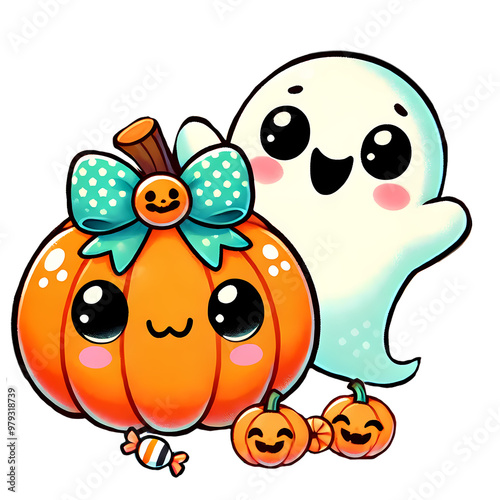 A cute ghost and a scary pumpkin with a bright bow light up this Halloween children's illustration. It's playful and charming, ideal for holiday themes. Great for creative content!