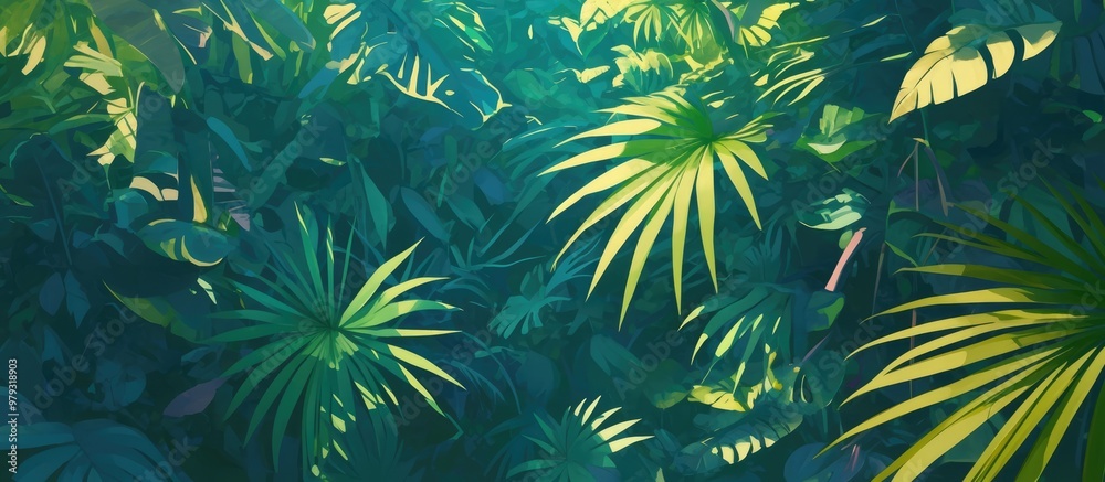 Close up painting of a vertical Mexican fan palm tree in a lush jungle setting Close up painting of a vertical Mexican fan palm tree in a lush jungle setting