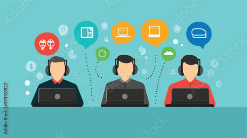 Live support concept and customer care icon set for contacting business services. Flat vector illustration
