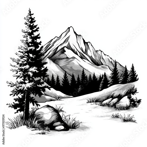 Black and White Mountain Landscape with Pine Tree and Rocks