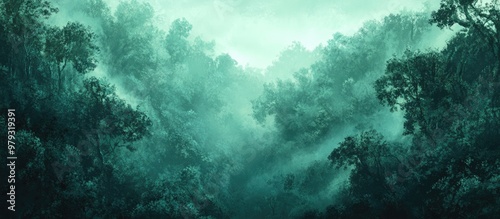 Artwork depicting a lush forest shrouded in mist