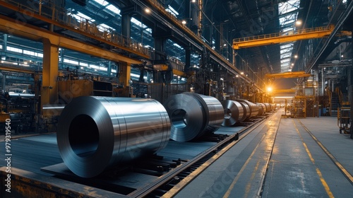 A manufacturing plant where metal sheets are being rolled into cylindrical shapes, creating the beginnings of steel pipes