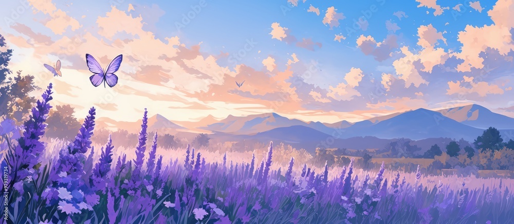 Painting of vibrant blooming lavender flowers with a butterfly soaring against a picturesque spring sunrise landscape Painting of vibrant blooming lavender flowers with a butterfly soaring against a picturesque spring sunrise landscape