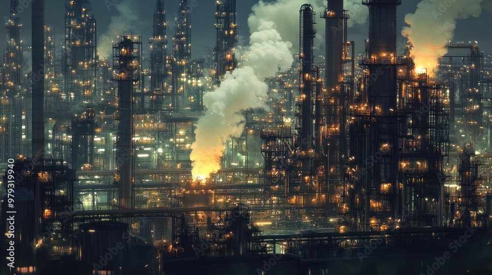 A massive oil refinery at dusk, with towering distillation columns and complex pipe networks illuminated by bright industrial lights A massive oil refinery at dusk, with towering distillation columns and complex pipe networks illuminated by bright industrial lights