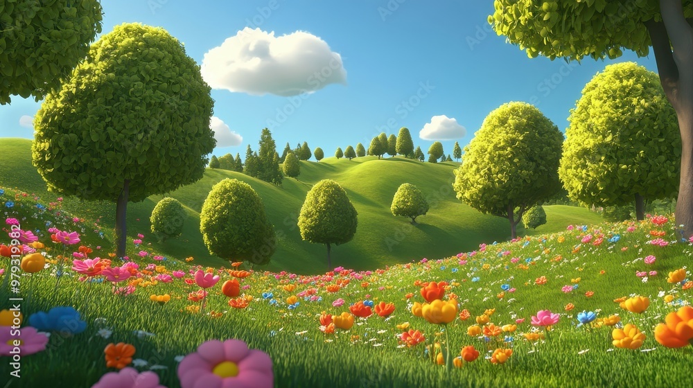 Naklejka premium A vibrant, sunny landscape filled with colorful flowers and lush green hills.