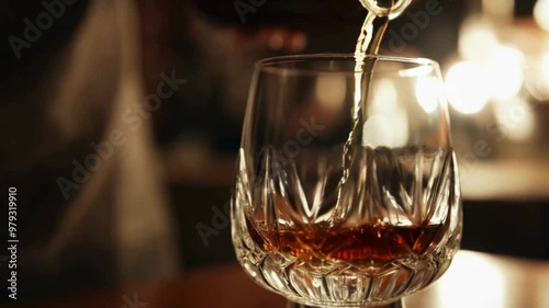 Close-up of Amber Liquid Being Poured into a Crystal Glass with Bokeh Lights in the Background