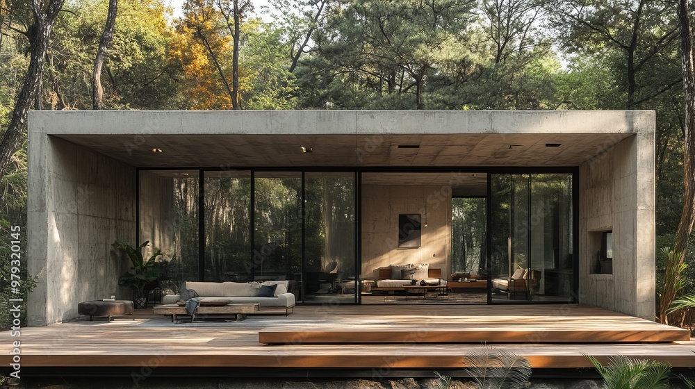 A modular house with sharp geometric concrete walls and a cozy wooden deck, Cyberpunk aesthetic, neon lighting, twilight scene, vivid color contrasts, reflective surfaces, outdoor furniture