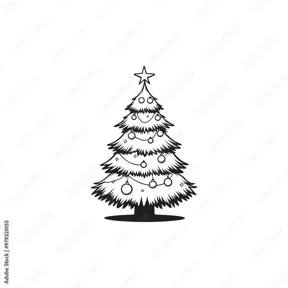 Fototapeta premium Simple Christmas Tree Design - Black Outline on White.
