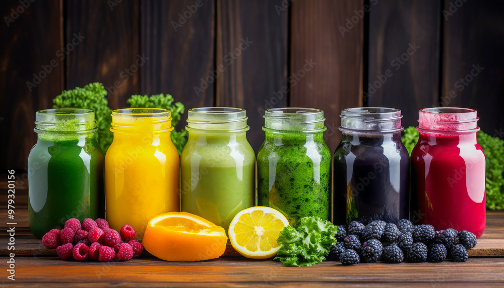 A vibrant assortment of smoothies in mason jars, arranged with fresh fruits like raspberries, oranges, lemons, and blueberries, against a rustic wooden background A vibrant assortment of smoothies in mason jars, arranged with fresh fruits like raspberries, oranges, lemons, and blueberries, against a rustic wooden background