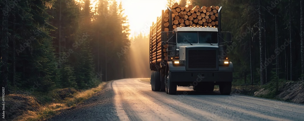 A logging truck loaded with timber drives along a serene forest road at sunset, surrounded by towering trees and soft light.