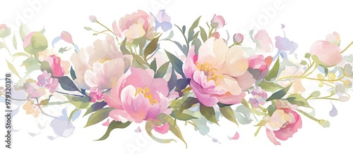 Hand painted peony illustration featuring vibrant shades of green pink and purple ideal for decorative invitations or modern card designs capturing the beauty of nature s bouquet