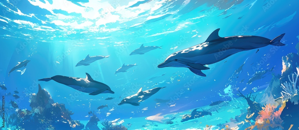 Obraz premium Underwater painting featuring dolphins in a marine ecosystem showcasing the beauty of aquatic wildlife