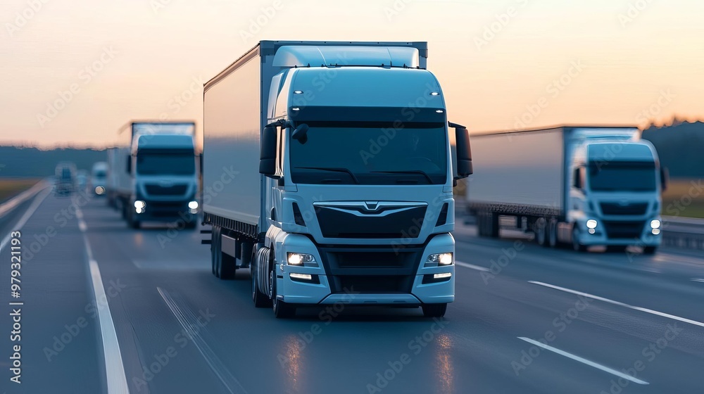 A fleet of trucks driving on a highway at sunset, showcasing modern transportation and logistics in action. A fleet of trucks driving on a highway at sunset, showcasing modern transportation and logistics in action.