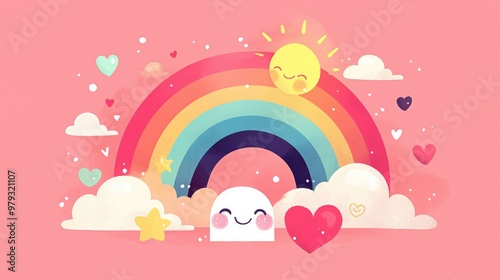 Cute painting featuring a vibrant rainbow cheerful white cloud colorful hearts a star and a smiling sun on a pink background Ideal for textile wallpaper or card design Vector illustration