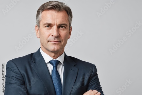 good-looking middle-aged businessman with arms crossed isolated in white background