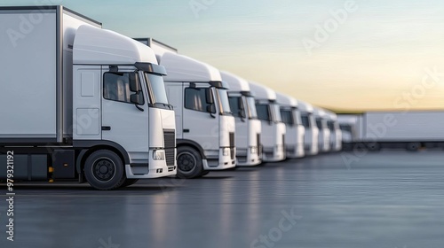 A fleet of white delivery trucks lined up in a parking lot, ready for transportation work during a serene sunset.