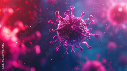 Digital representation of immune system combating virus, showcasing vibrant colors and intricate details of virus structure. This image captures dynamic interaction between immune responses and pathog photo