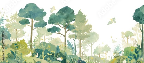 Watercolor illustration of a whimsical forest scene suitable for children s room wallpaper
