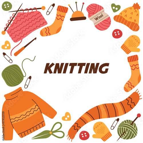 Frame with knitting elements. Vector illustration of a handicraft hobby. inscription Knitting.