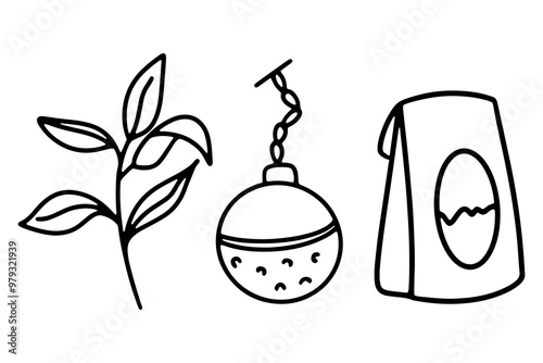 Tea egg infuser vector set, tea leaves and egg infuser