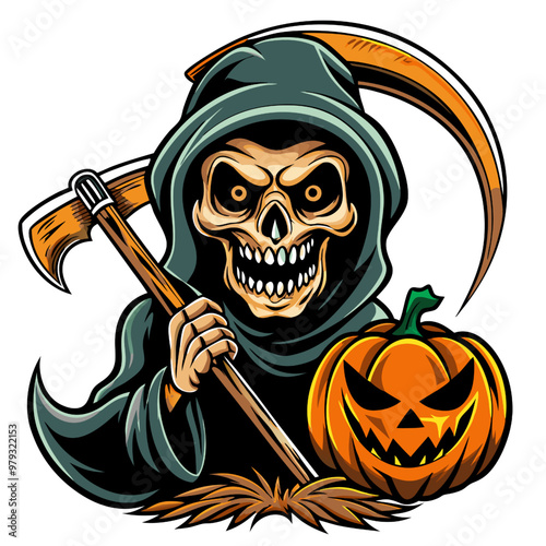 Grim Reaper Halloween Illustration: A chillingly festive cartoon Grim Reaper with a wicked grin, clutching a scythe and standing beside a menacing jack-o'-lantern. Perfect for Halloween decorations, s