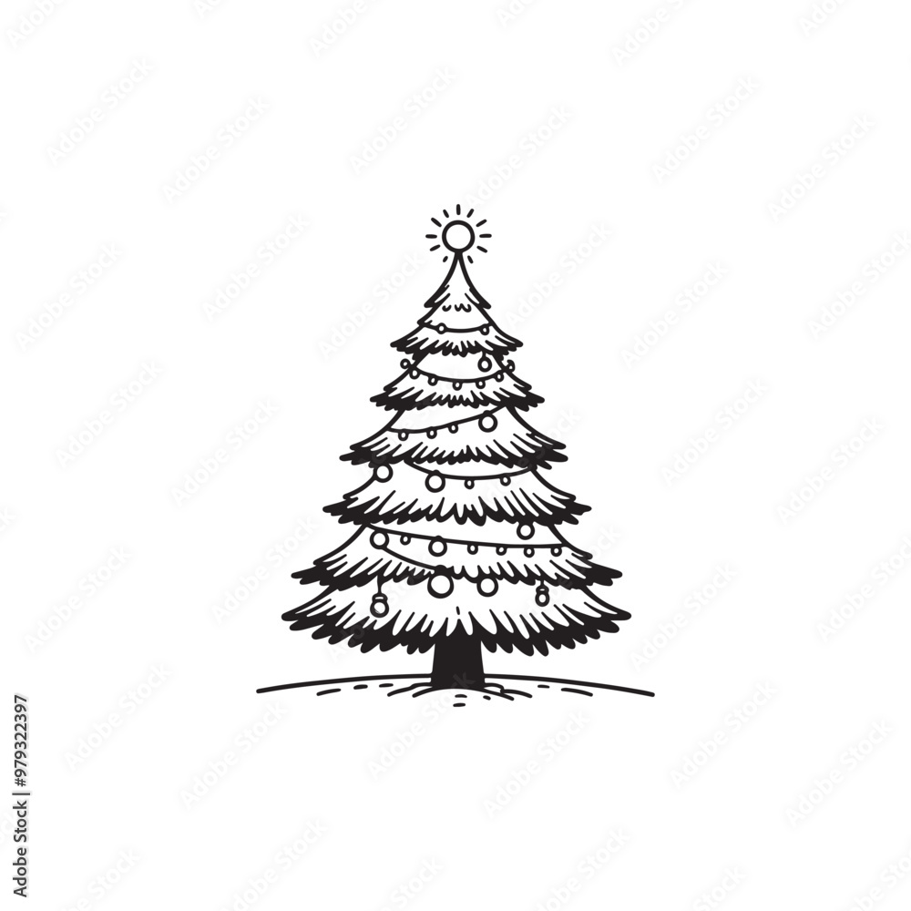 Obraz premium Decorative Christmas Tree in Black Outline - White Background.
