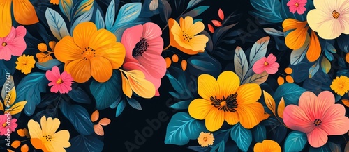 Vibrant floral illustration on a dark backdrop perfect for use as a background or wallpaper