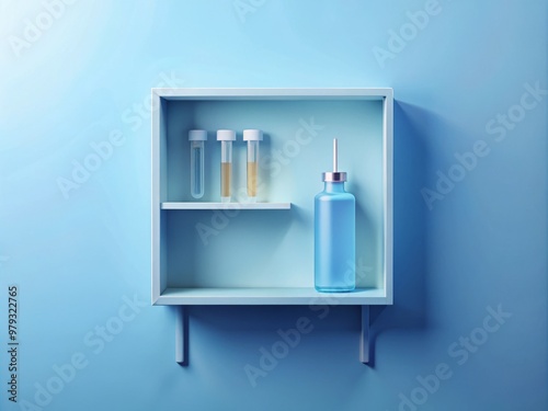 A minimalist illustration of a vaccine storage unit, featuring a single shelf with a few vaccine vials and a thermometer, set against a soft, gradient blue background photo