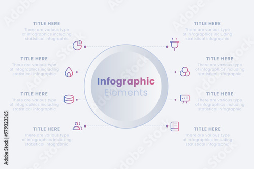 Modern vector neumorphic infographic design template. Ring-like chart with 8 steps of manufacturing cycle.