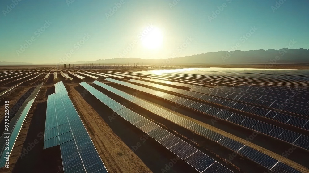 A solar power plant featuring an expansive field of solar panels glistening under the sun A solar power plant featuring an expansive field of solar panels glistening under the sun